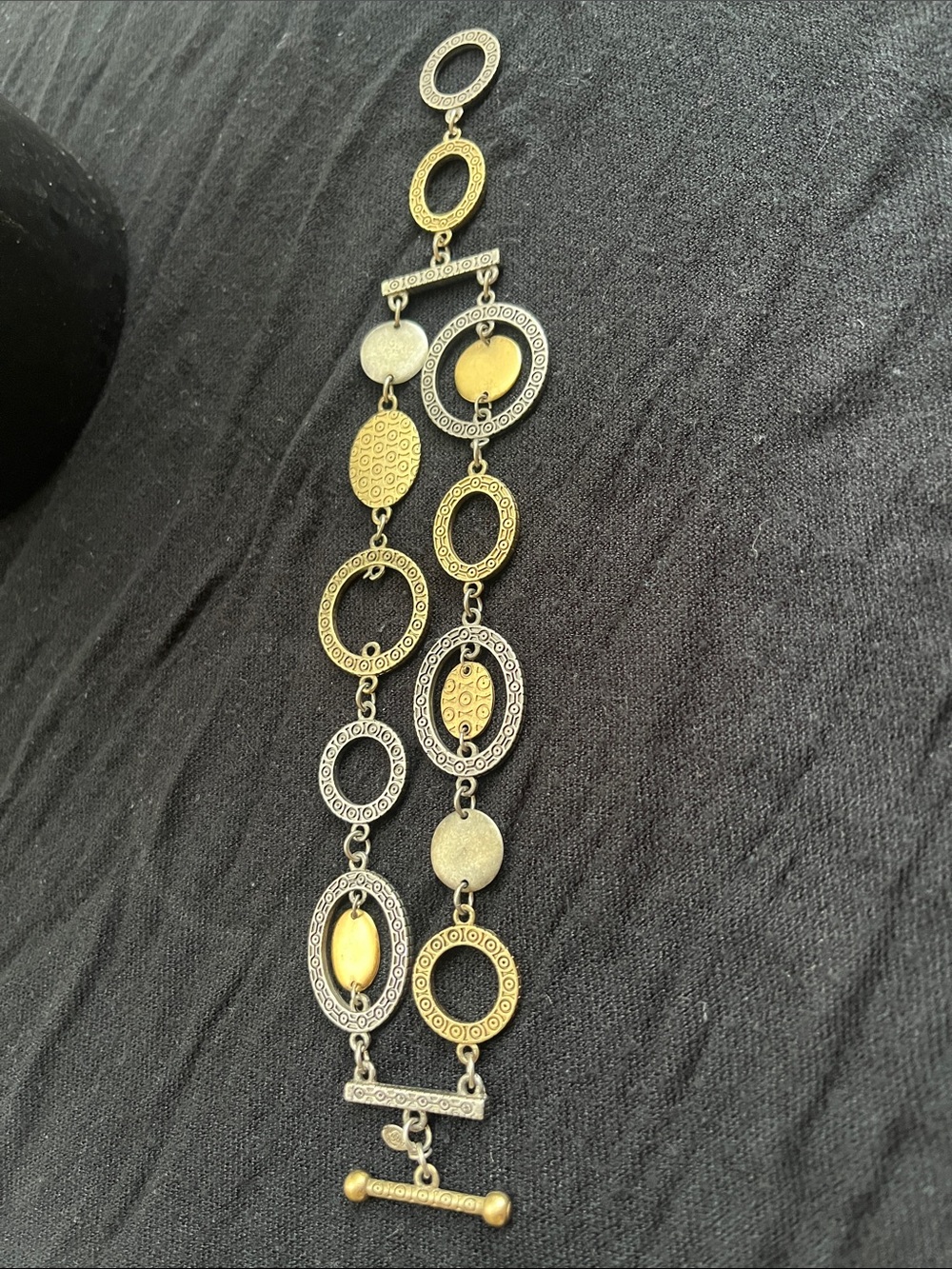 Two-Tone Gold and Silver Textured Oval Link Toggle Bracelet